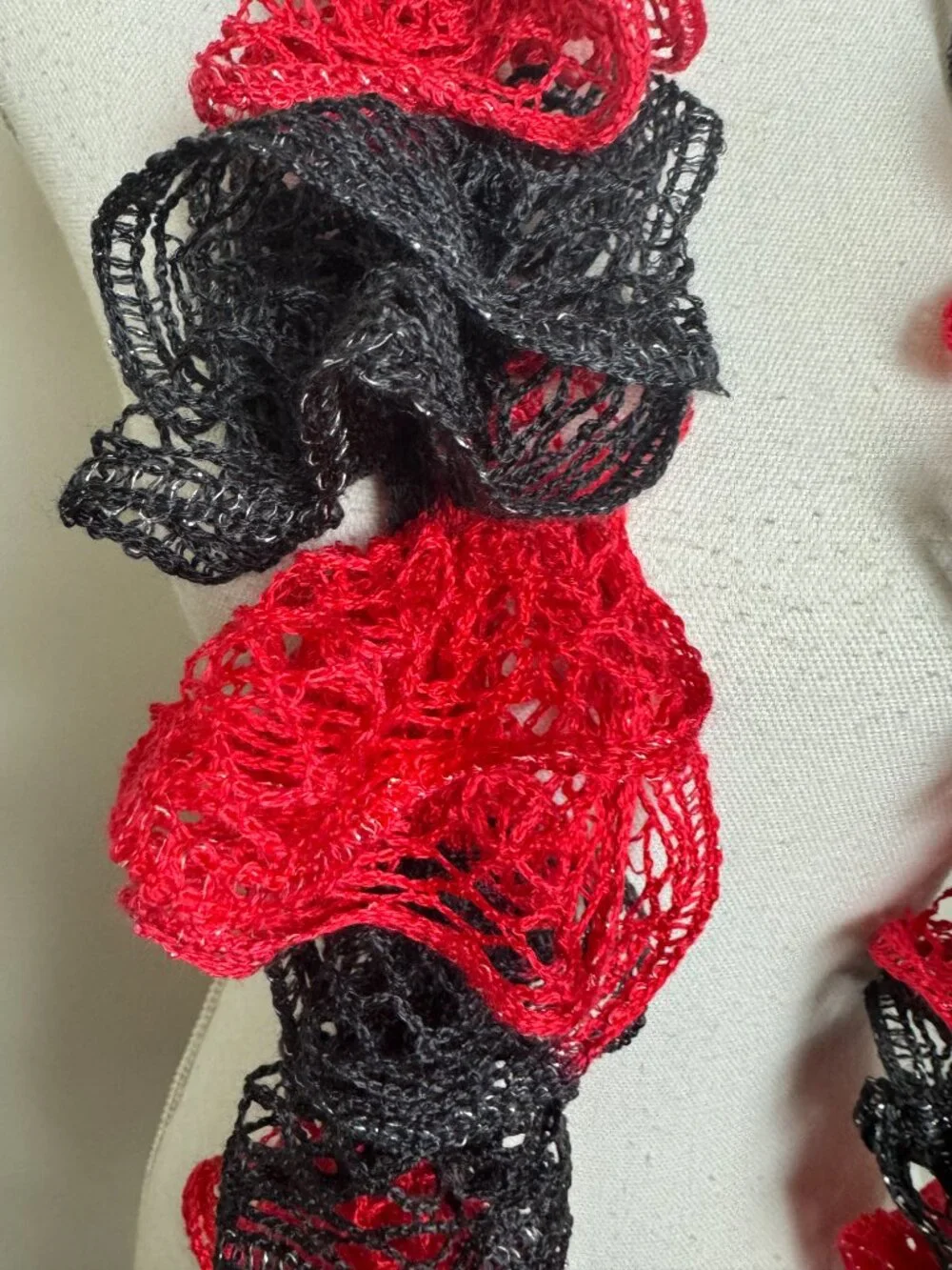 NEW Boho Festival  Chic Ruffle Scarf Red Black Crochet Knit Statement Wrap